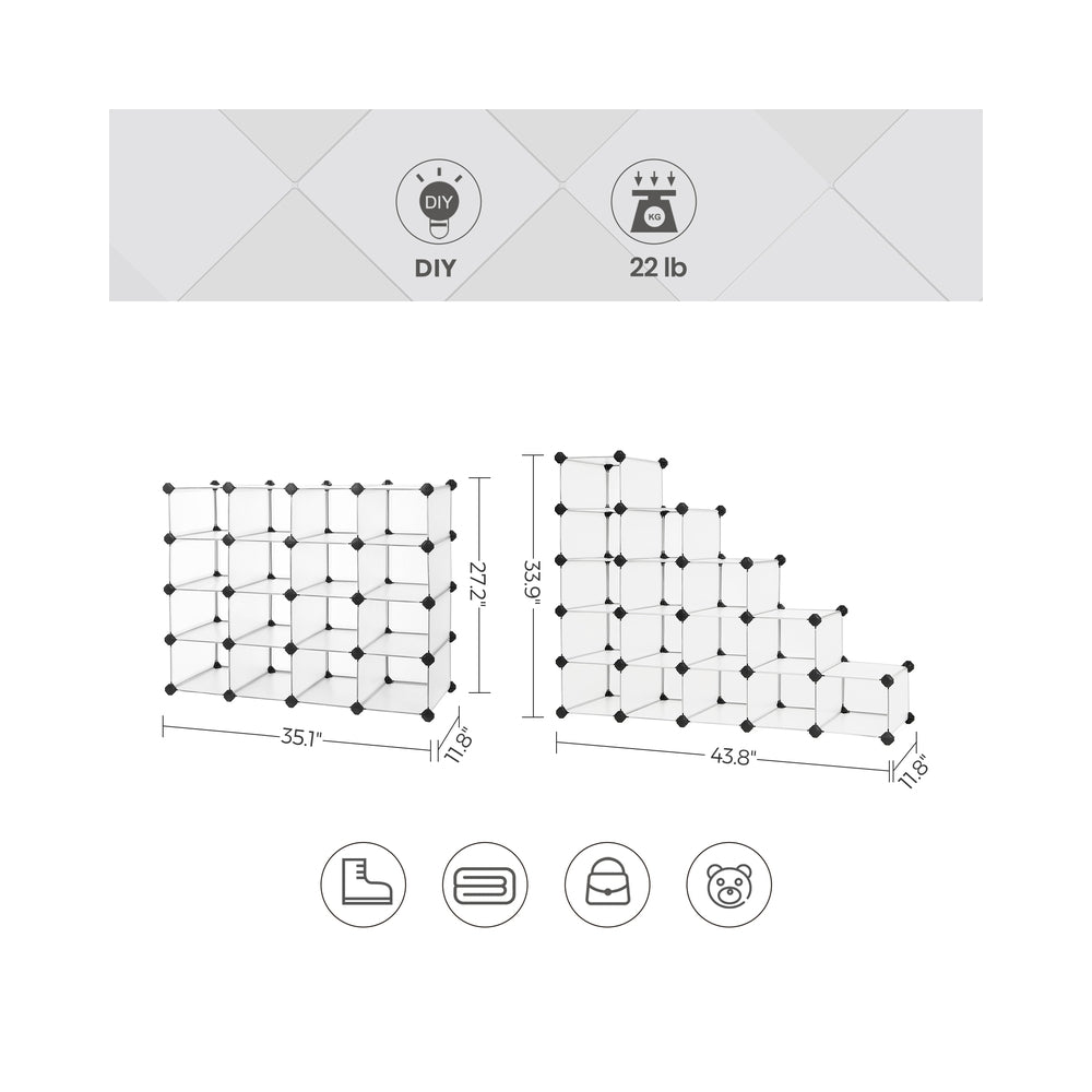 Shoe Rack - 16-Cube - 12 x 35.1 x 27.2 Inches - Transparent - Transparent
