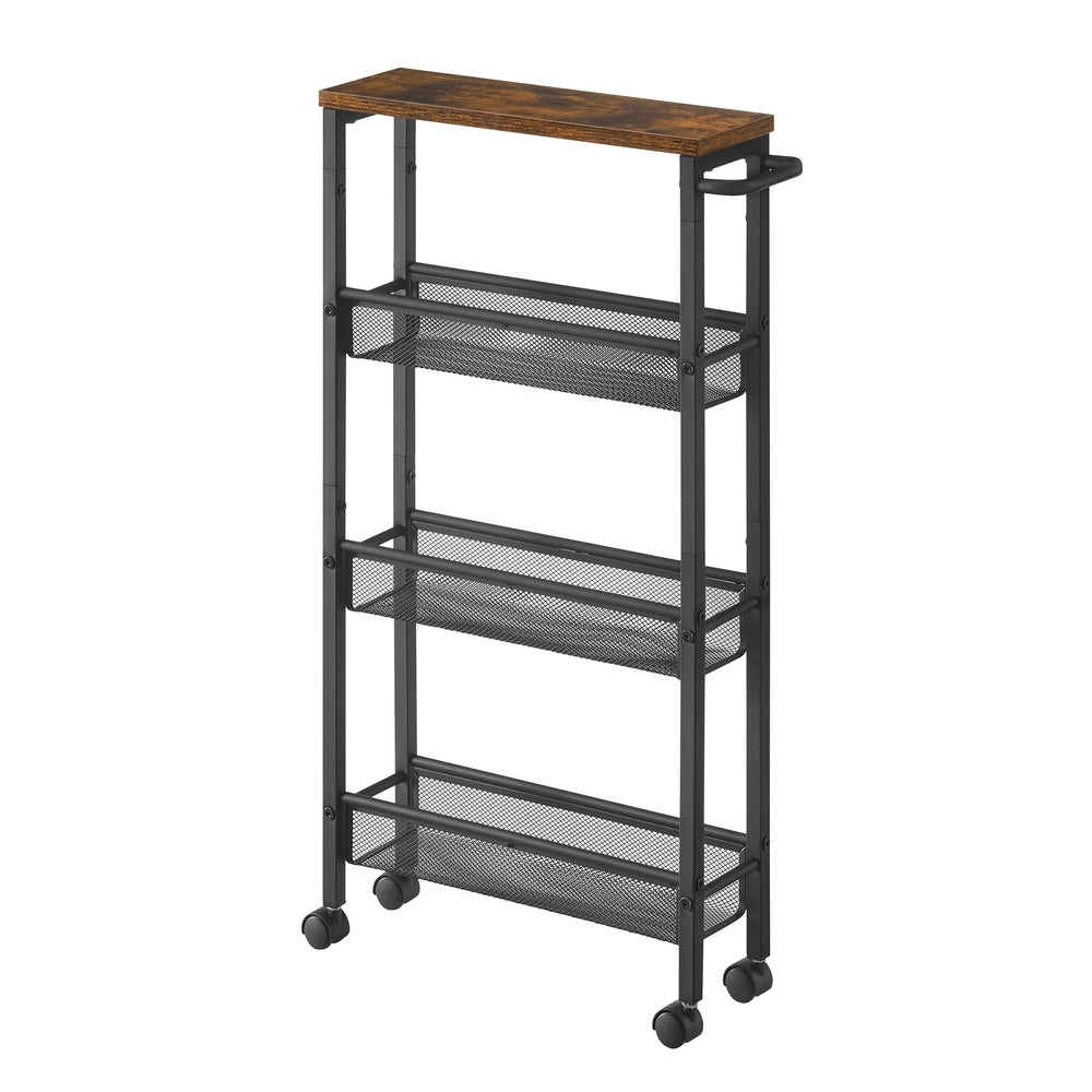 4-Tier Slim Rolling Storage Cart - Rustic Brown, Classic Black - 5.1"D x 17.9"W x 30.3"H