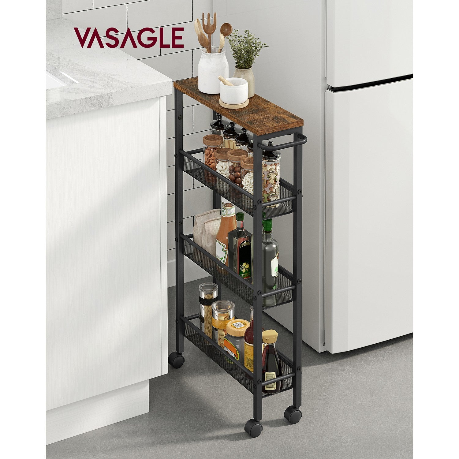 4-Tier Slim Rolling Storage Cart - Rustic Brown, Classic Black