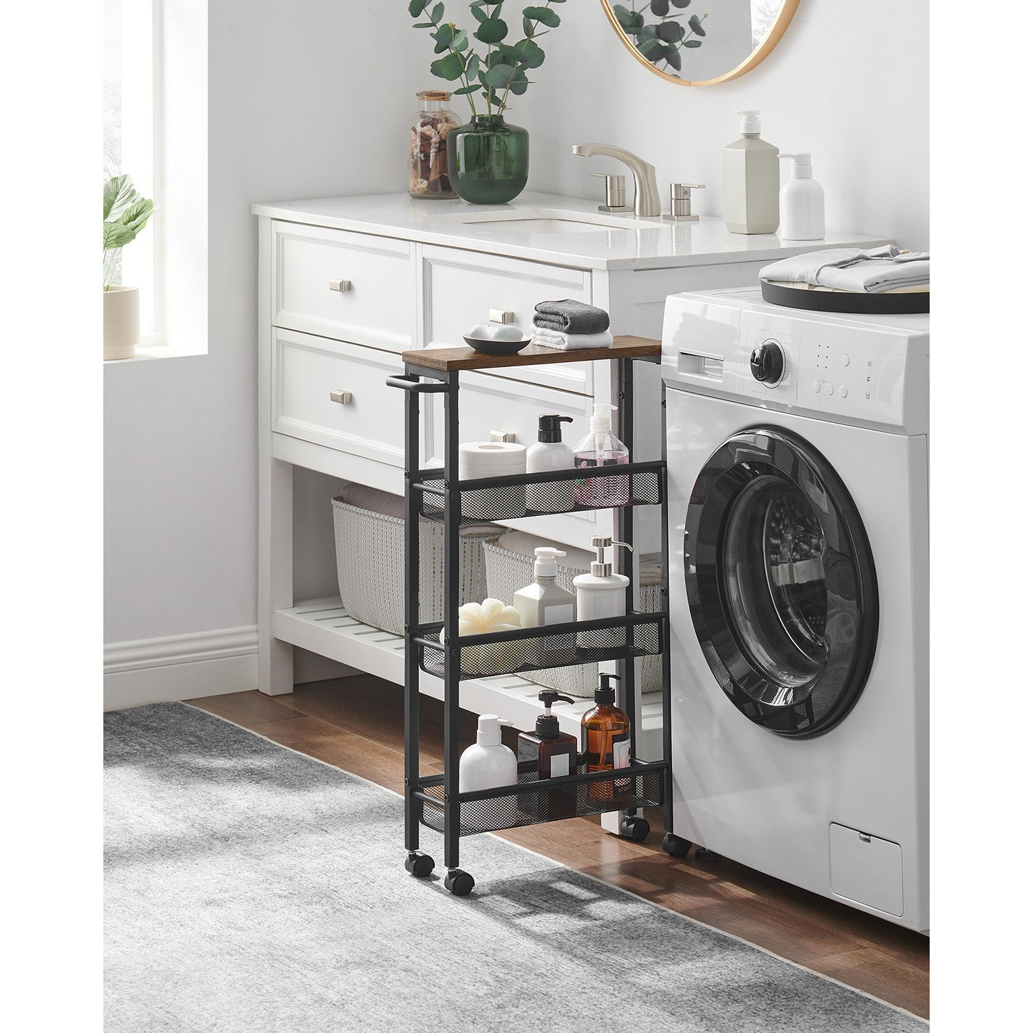 4-Tier Slim Rolling Storage Cart - Rustic Brown, Classic Black
