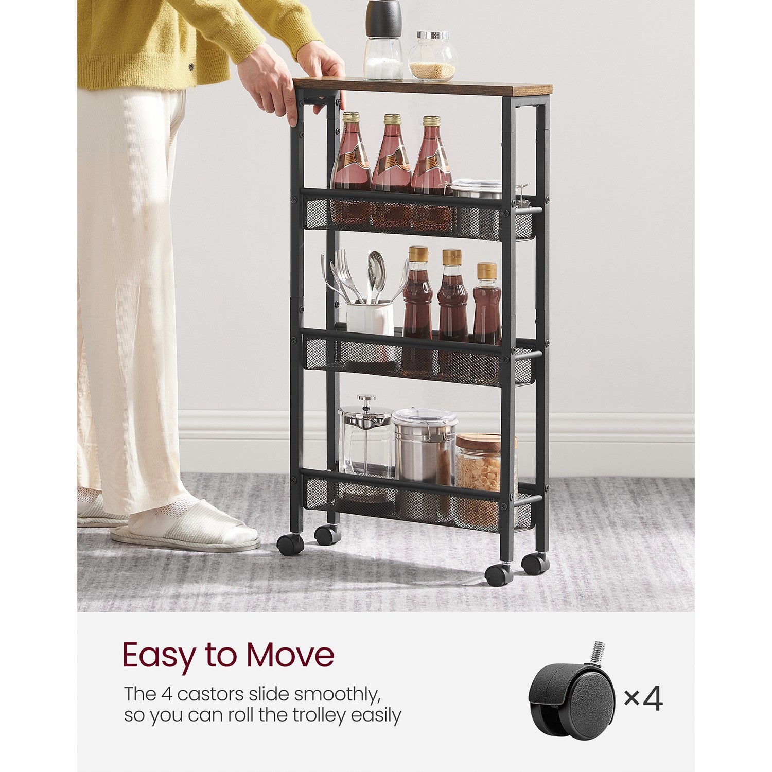 4-Tier Slim Rolling Storage Cart - Rustic Brown, Classic Black