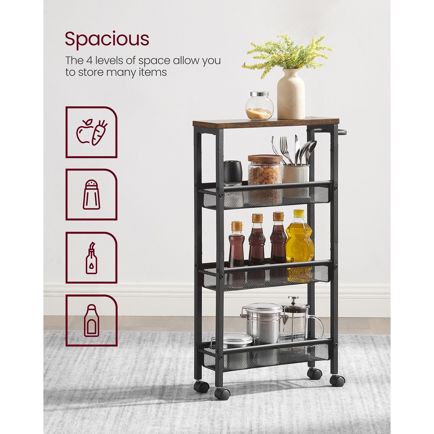 4-Tier Slim Rolling Storage Cart - Rustic Brown, Classic Black