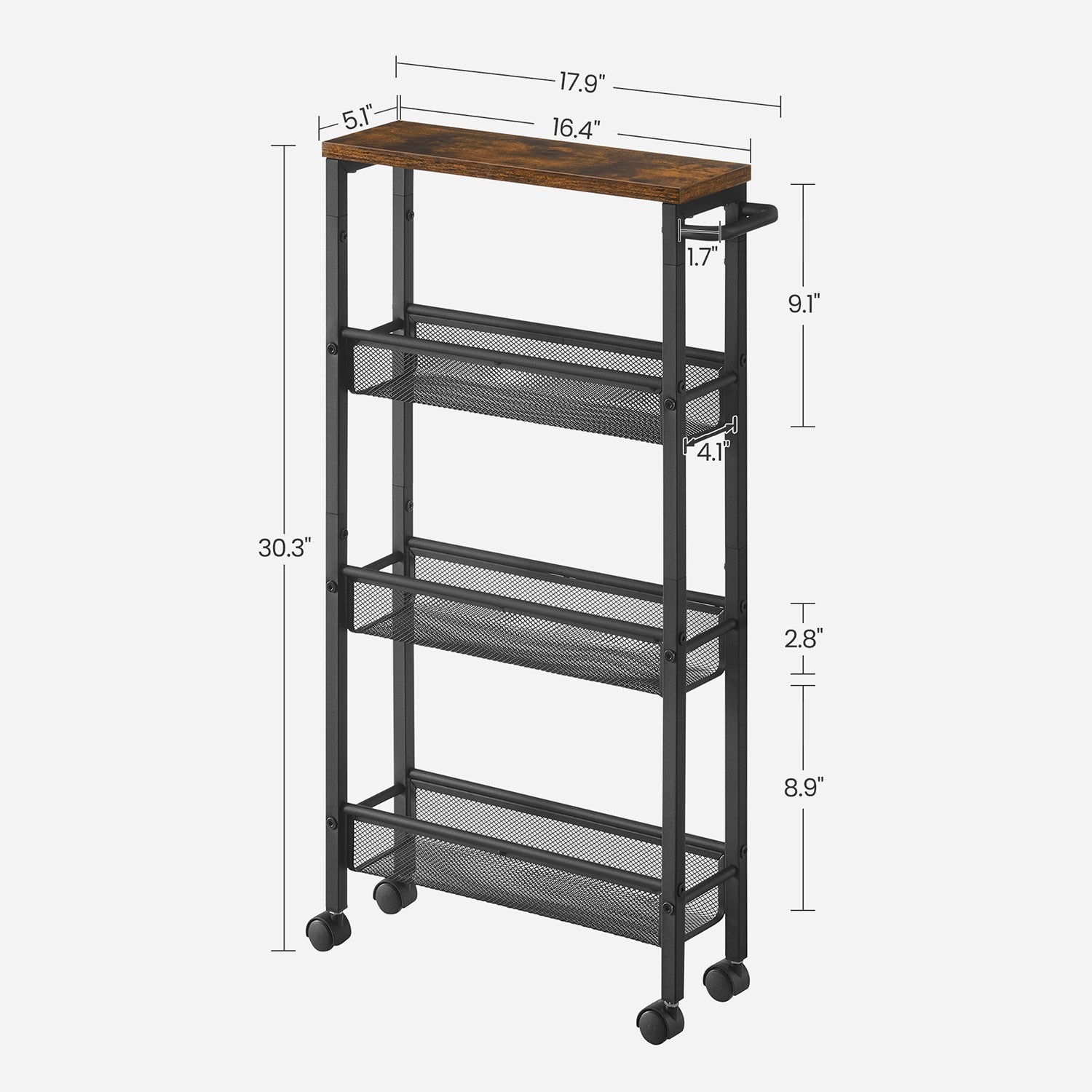 4-Tier Slim Rolling Storage Cart - Rustic Brown, Classic Black