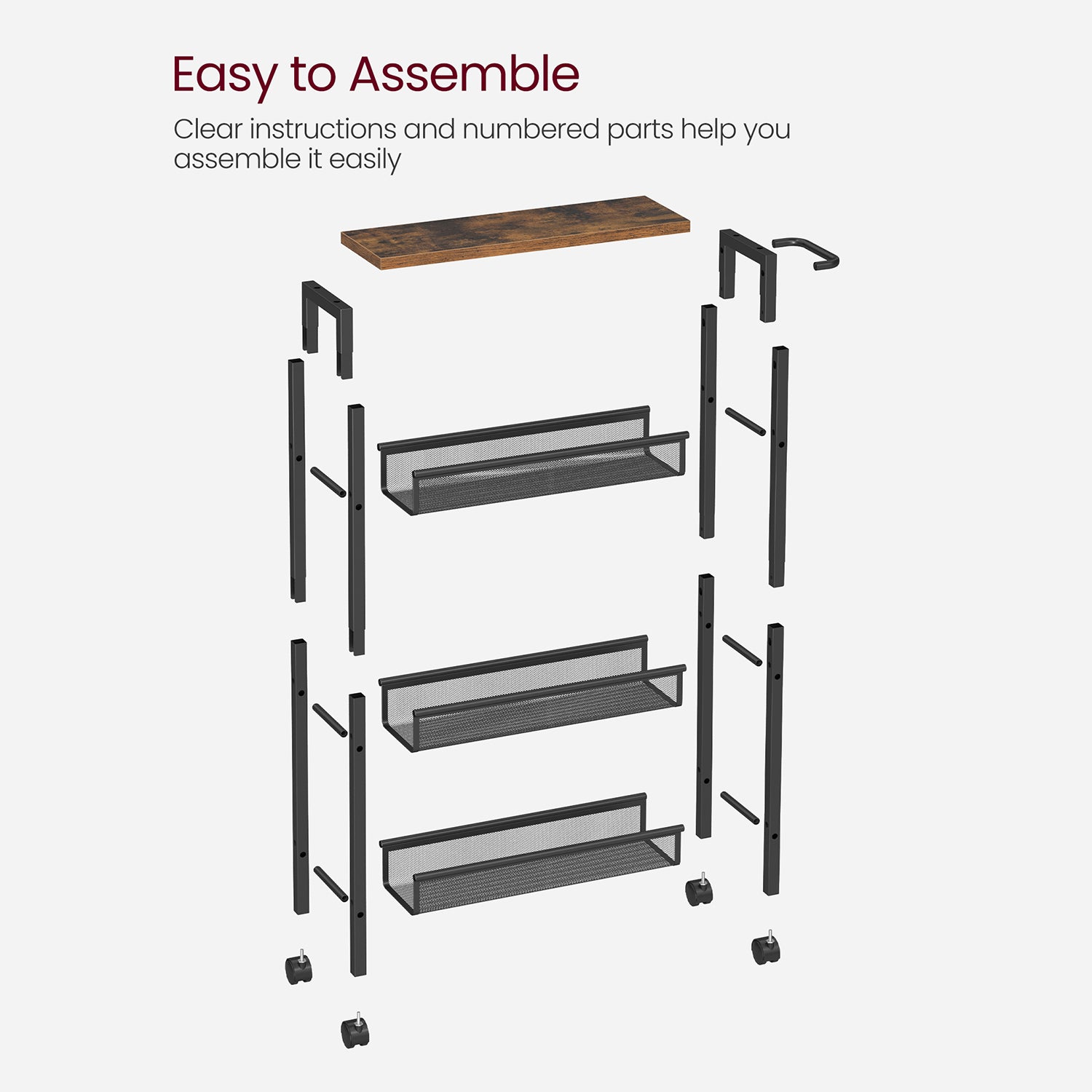 4-Tier Slim Rolling Storage Cart - Rustic Brown, Classic Black
