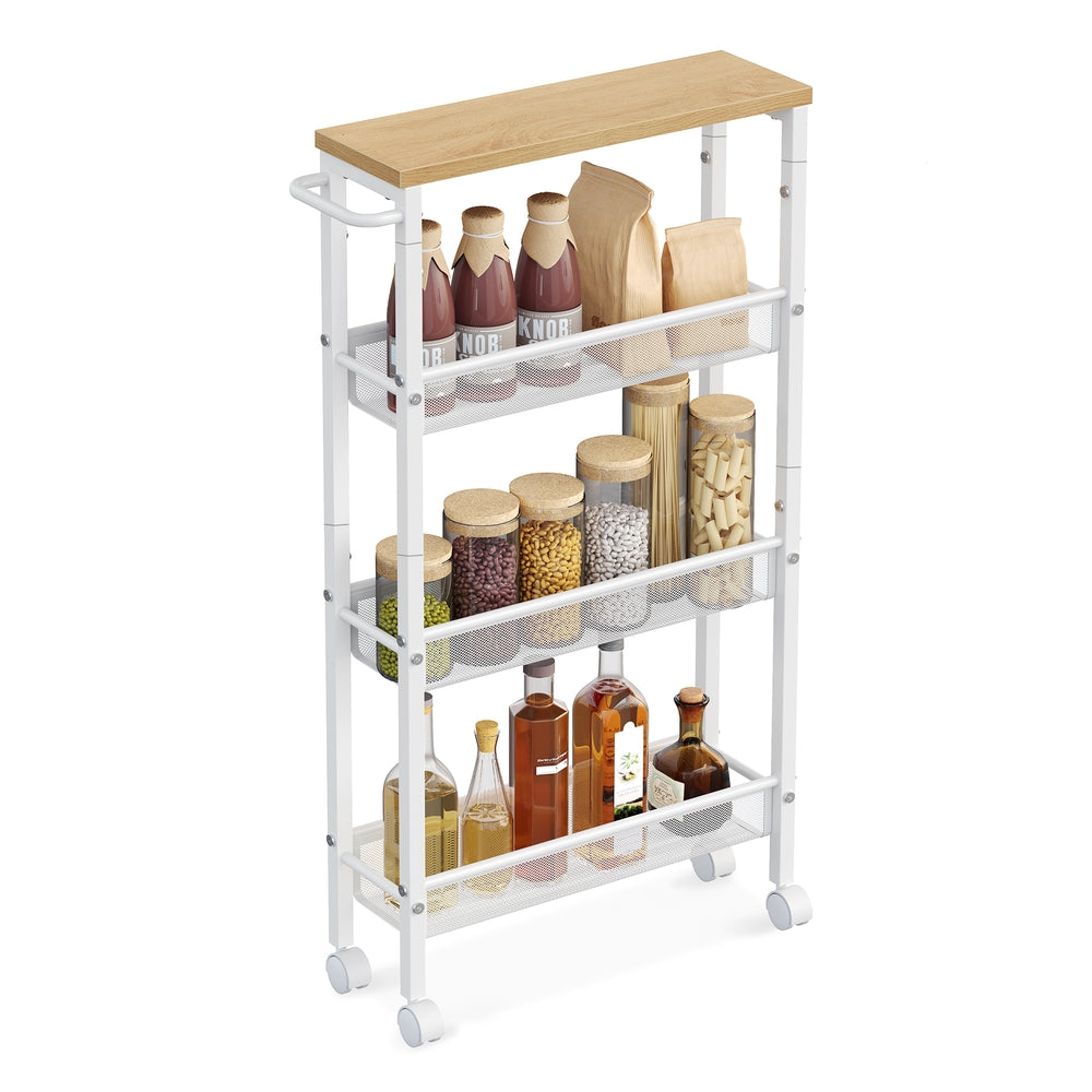 4-Tier Slim Rolling Storage Cart - Oak Beige, Classic White - 5.1"D x 17.9"W x 30.3"H