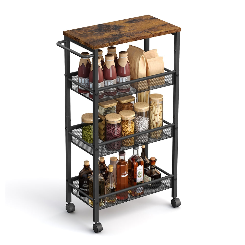 4-Tier Slim Rolling Storage Cart - Rustic Brown, Classic Black - 8.7"D x 17.9"W x 30.3"H