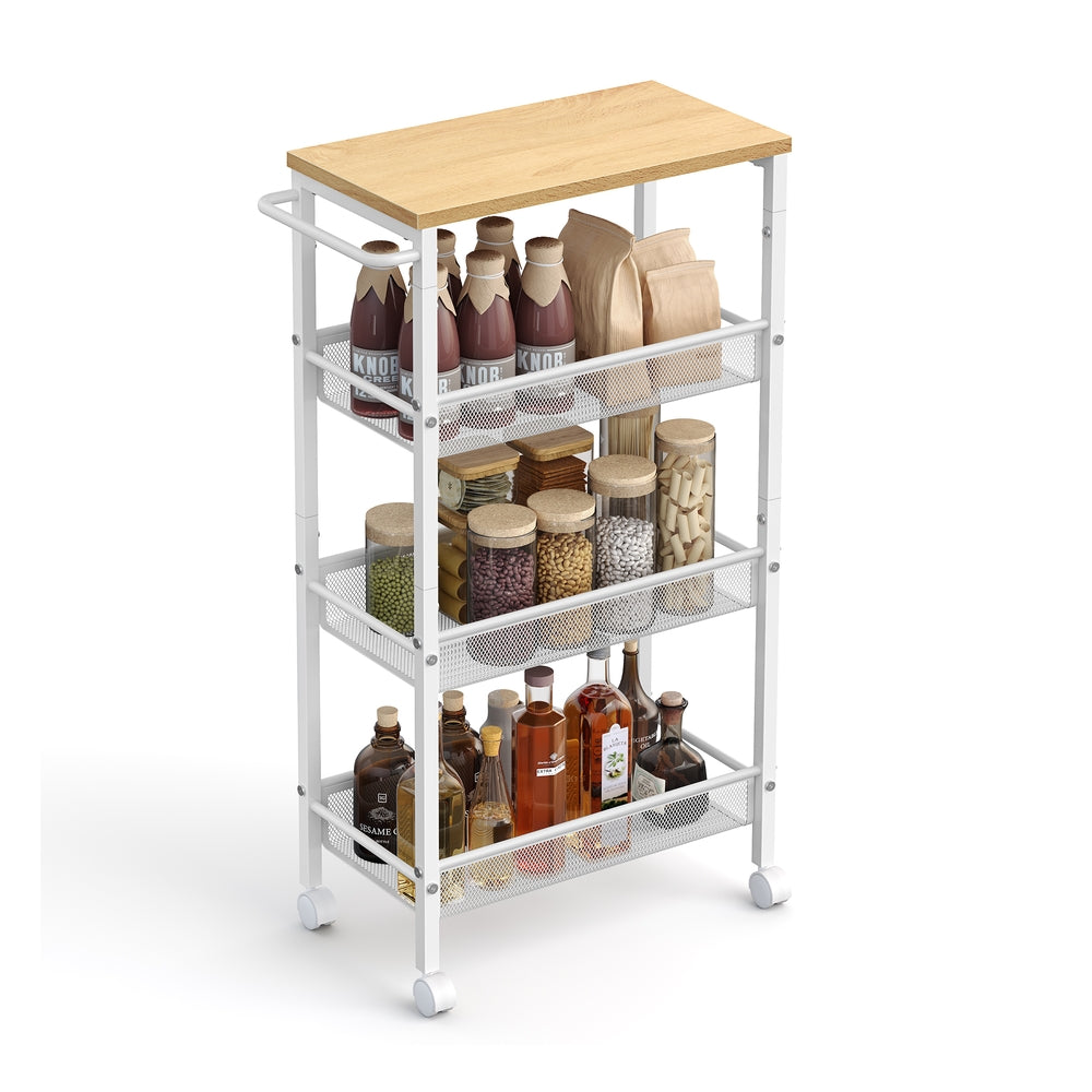 4-Tier Slim Rolling Storage Cart - Oak Beige, Classic White - 8.7"D x 17.9"W x 30.3"H