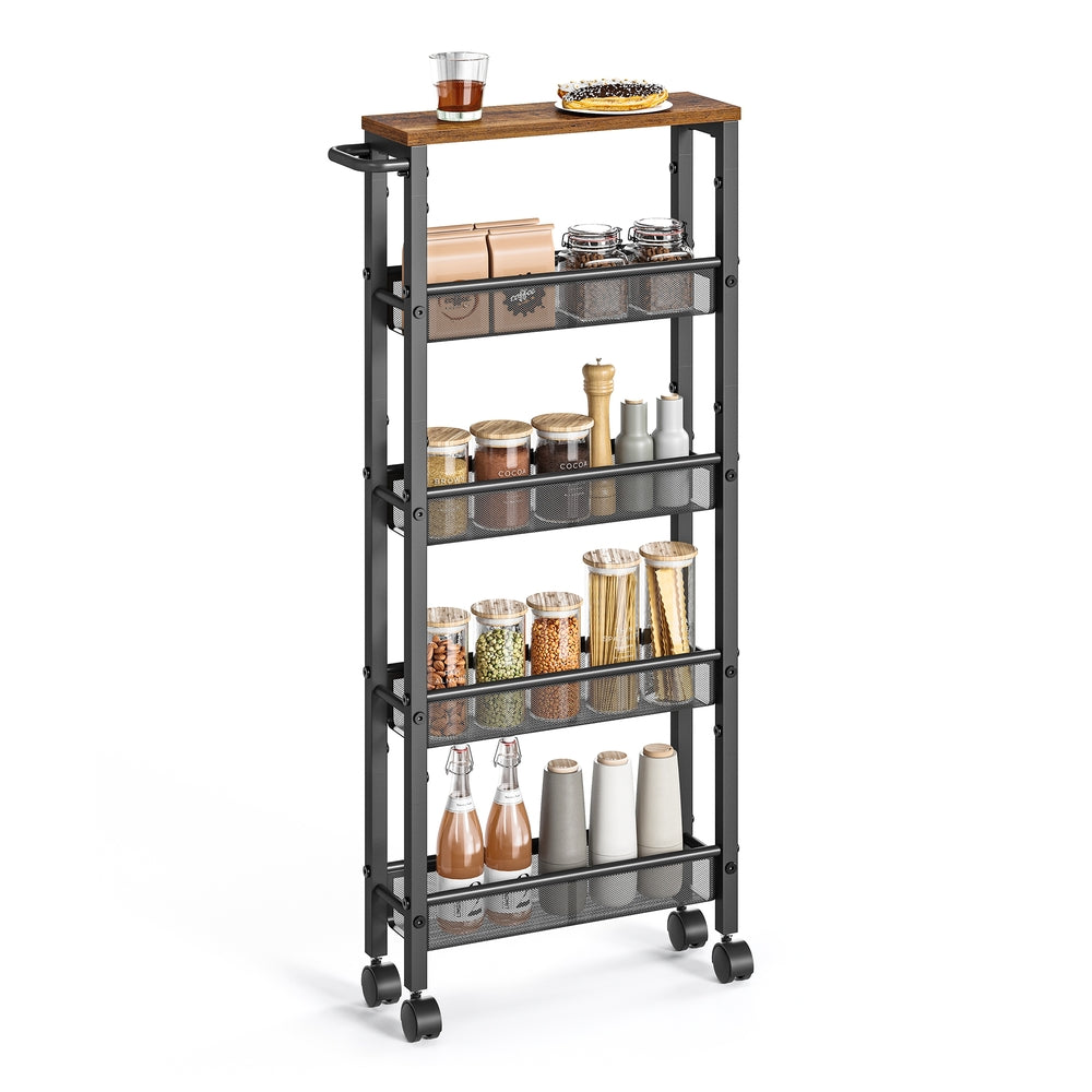 4-Tier Slim Rolling Storage Cart - Rustic Brown, Black - 5.1"D x 17.9"W x 39.2"H