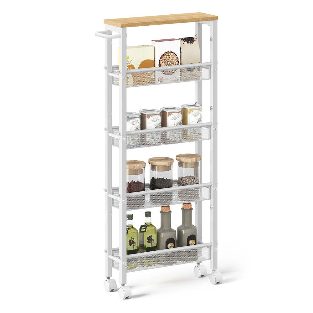 4-Tier Slim Rolling Storage Cart - Oak Beige, White - 5.1"D x 17.9"W x 39.2"H