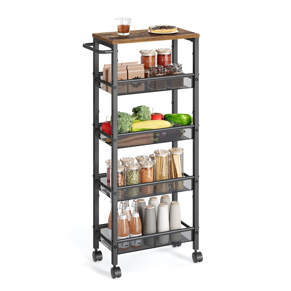 4-Tier Slim Rolling Storage Cart - Rustic Brown, Black - 8.7"D x 17.9"W x 39.2"H