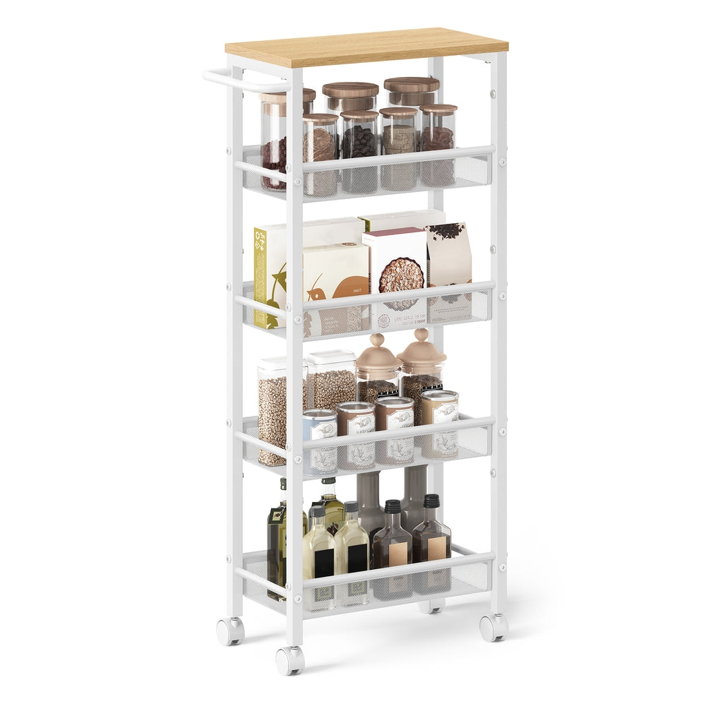 4-Tier Slim Rolling Storage Cart - Oak Beige, White - 8.7"D x 17.9"W x 39.2"H