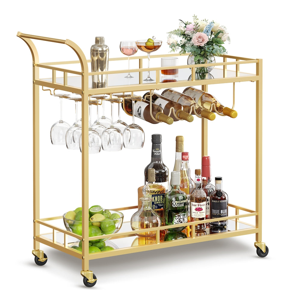 Home Bar Serving Cart with 2 Mirrored Shelves - Gold - 15"D x 33.9"W x 35.4"H