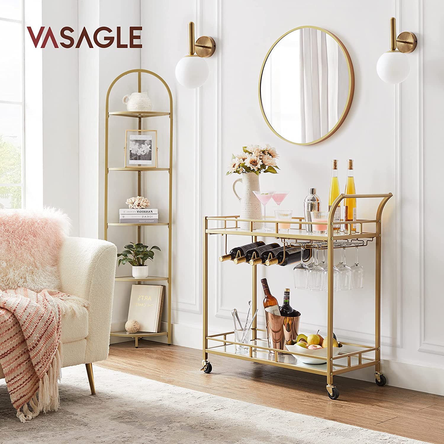 Home Bar Serving Cart with 2 Mirrored Shelves - Gold