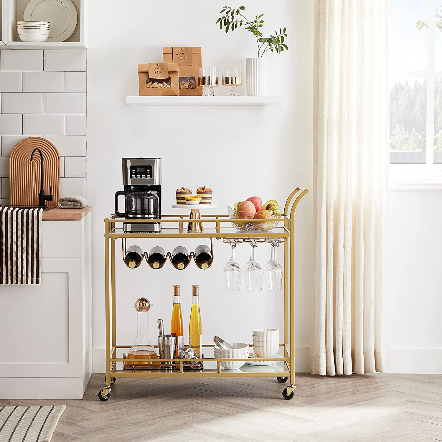 Home Bar Serving Cart with 2 Mirrored Shelves - Gold