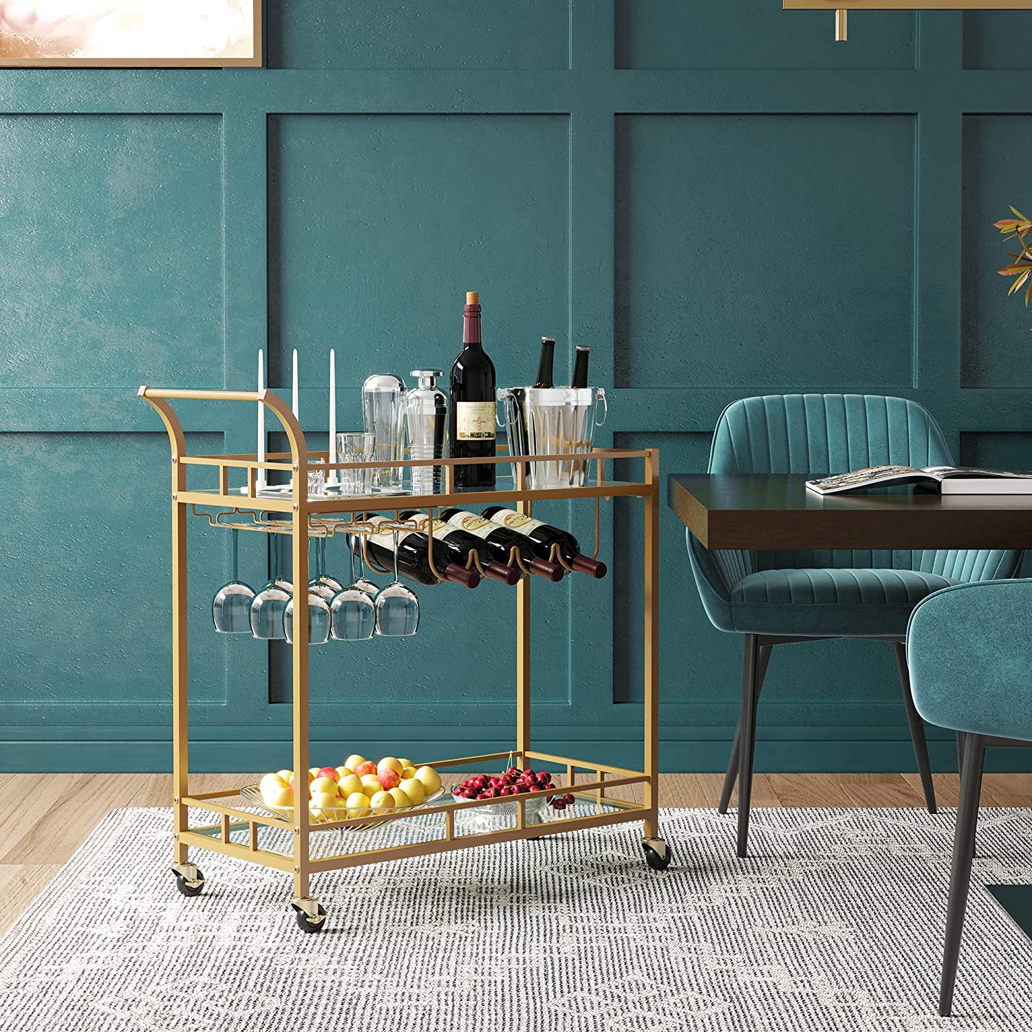 Home Bar Serving Cart with 2 Mirrored Shelves - Gold