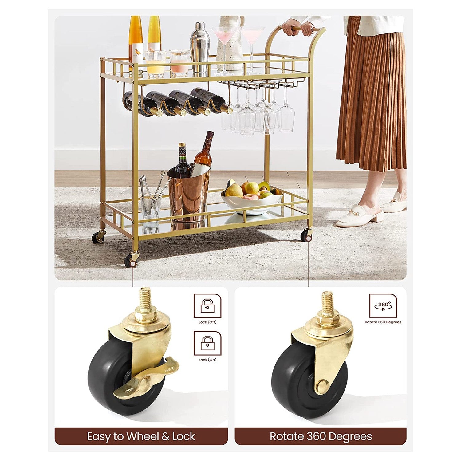 Home Bar Serving Cart with 2 Mirrored Shelves - Gold