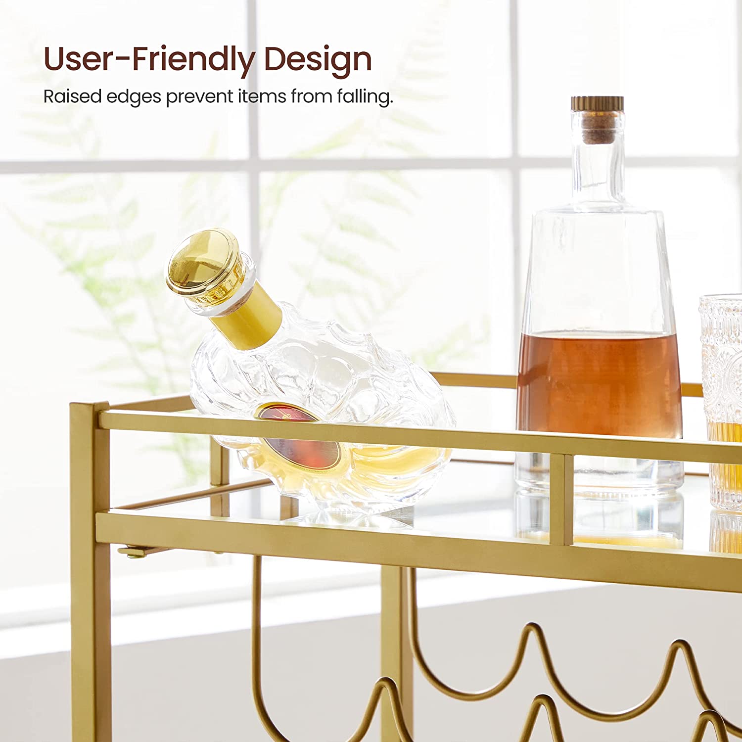 Home Bar Serving Cart with 2 Mirrored Shelves - Gold