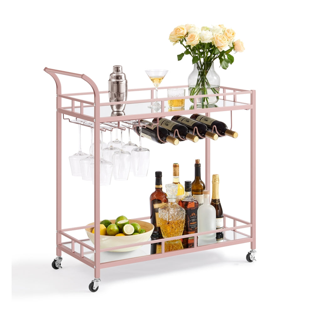 Home Bar Serving Cart with 2 Mirrored Shelves - Rose Gold - 15"D x 33.9"W x 35.4"H