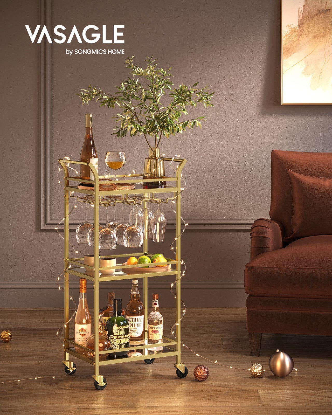 Small Bar Cart with 3-Tier Shelf - Gold