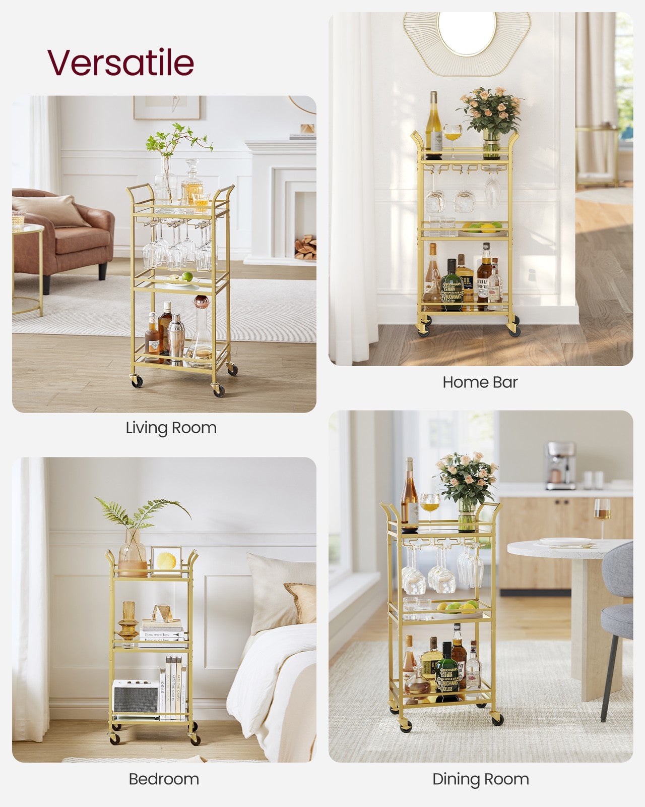 Small Bar Cart with 3-Tier Shelf - Gold