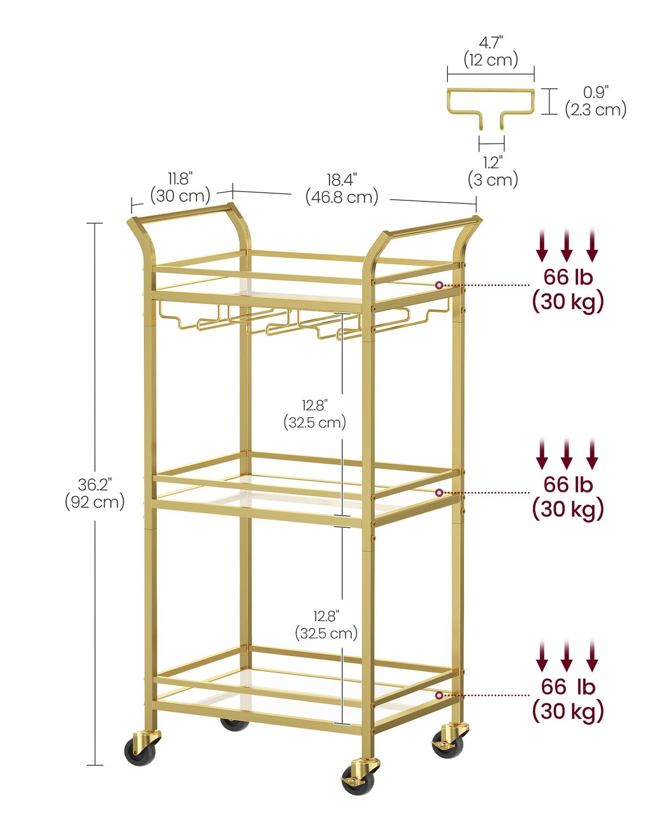 Small Bar Cart with 3-Tier Shelf - Gold