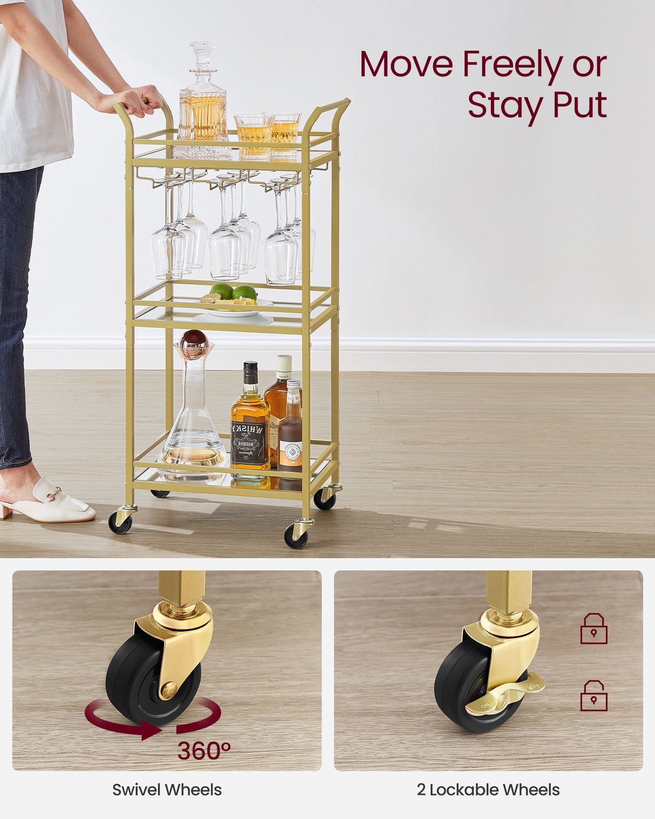 Small Bar Cart with 3-Tier Shelf - Gold
