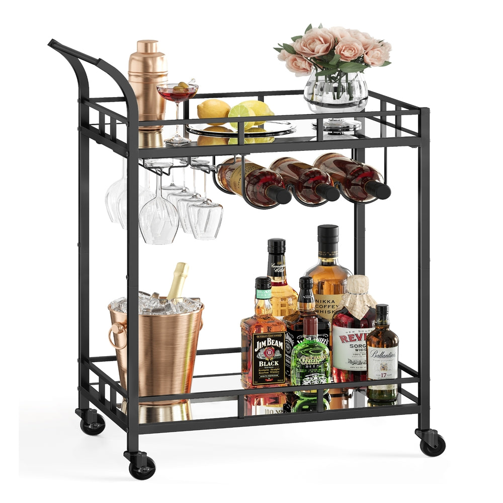 Home Bar Serving Cart with 2 Mirrored Shelves - Black - 15”D x 26”W x 35.4”H