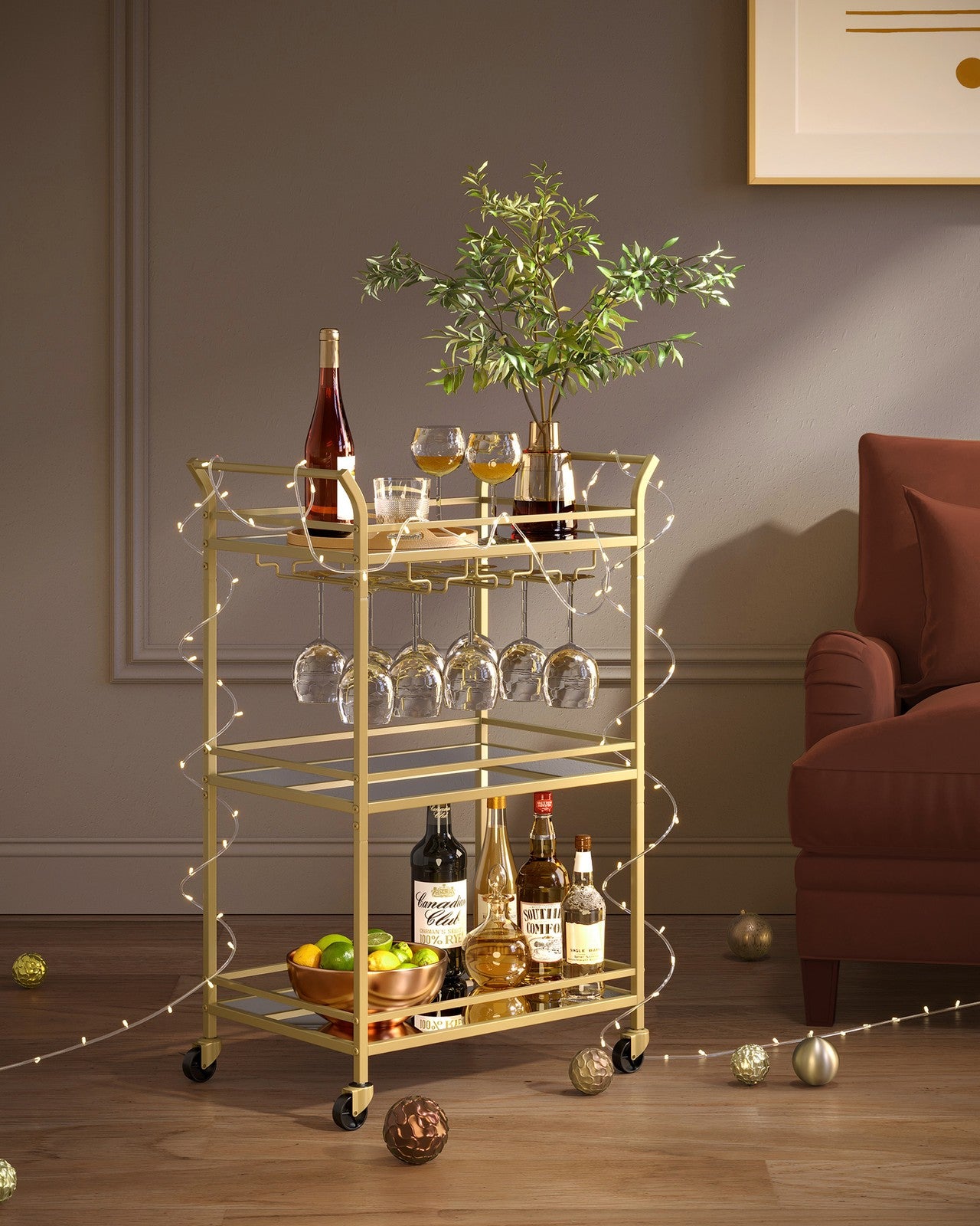 Home Bar Serving Cart with 3-Tier Shelf - Gold
