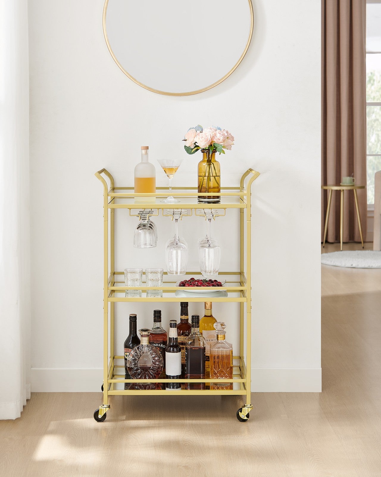 Home Bar Serving Cart with 3-Tier Shelf - Gold