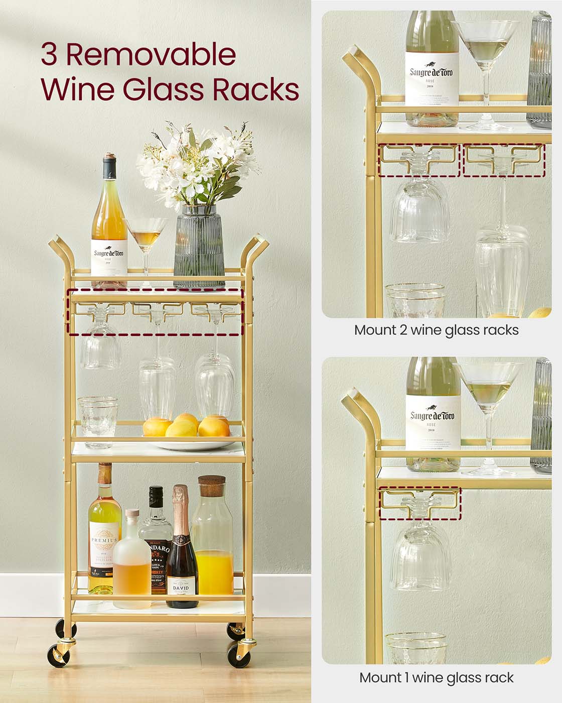 Bar Cart - 3-Tier Shelf - Wine and Glass Holders