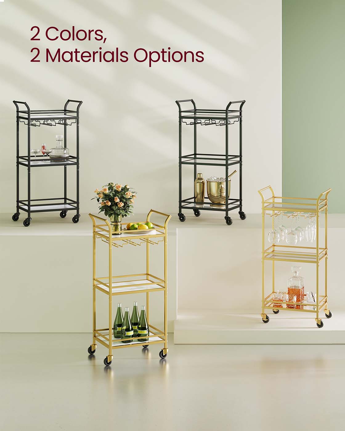 Bar Cart - 3-Tier Shelf - Wine and Glass Holders