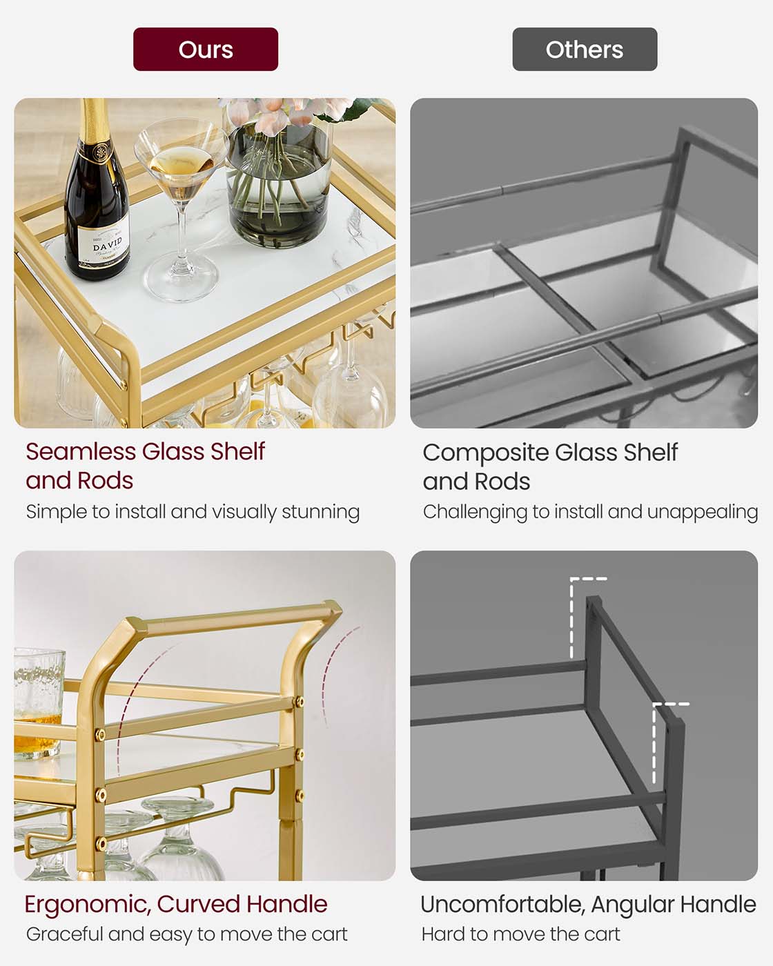 Bar Cart - 3-Tier Shelf - Wine and Glass Holders