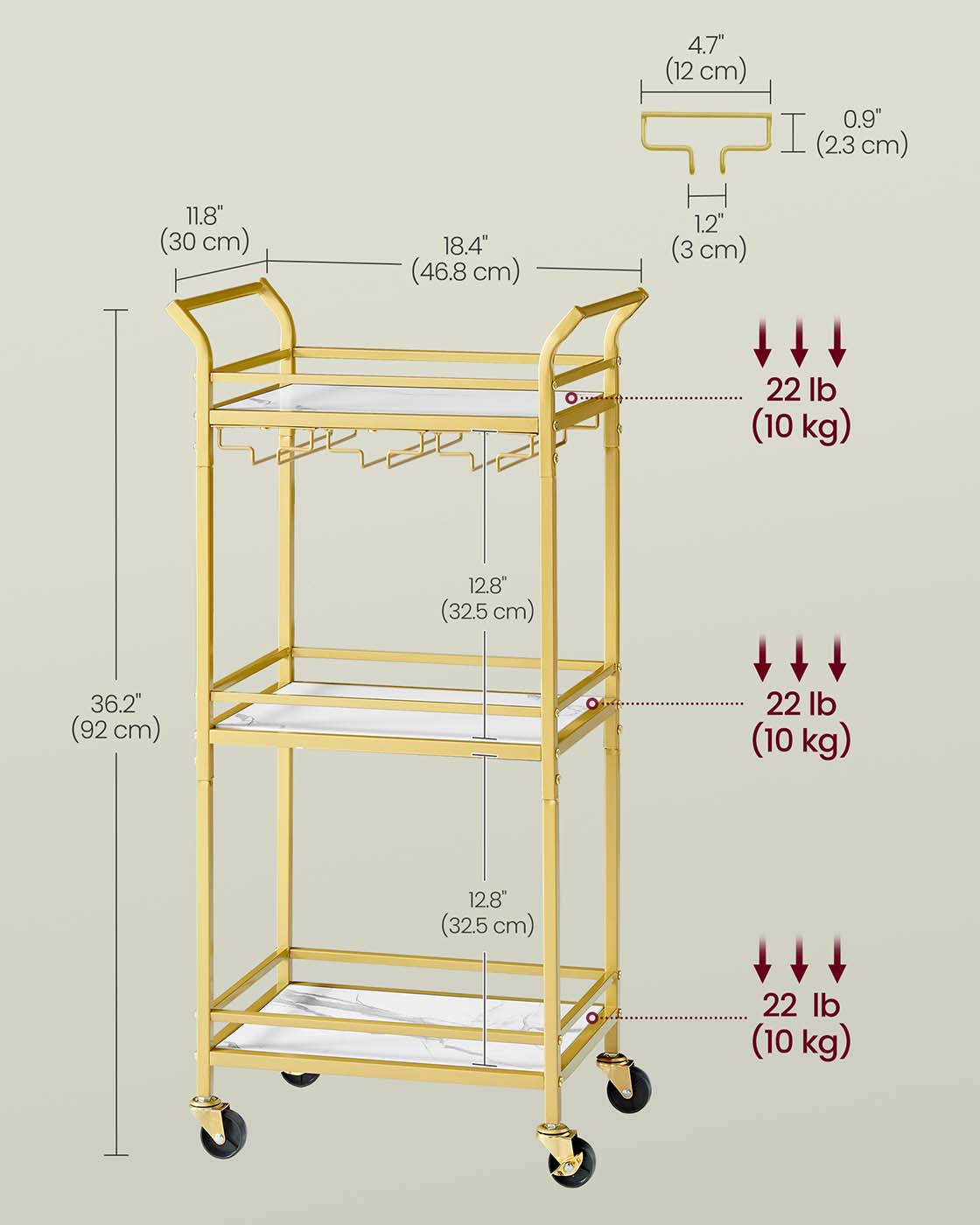 Bar Cart - 3-Tier Shelf - Wine and Glass Holders