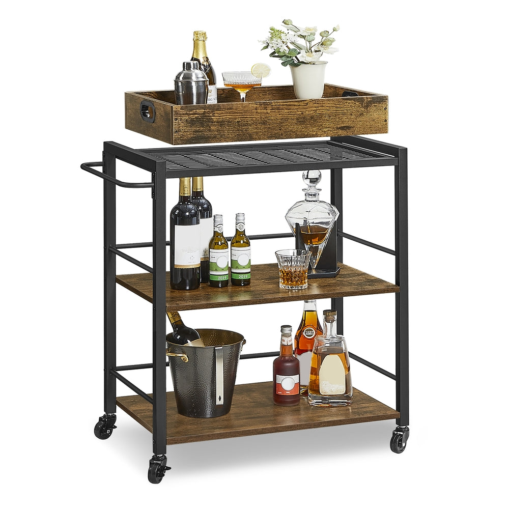 Industrial Bar Cart with Wheels and Handle - Rustic Brown, Black - 15.7”D x 28.3”W x 33.9”H