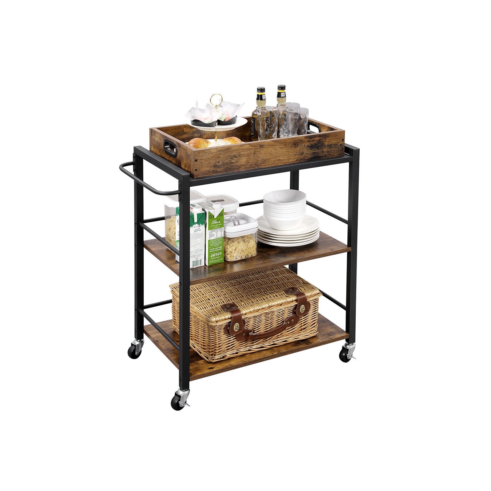 Industrial Bar Cart with Wheels and Handle - Rustic Brown, Black