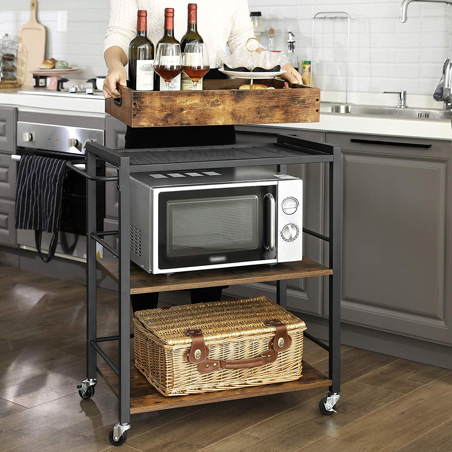 Industrial Bar Cart with Wheels and Handle - Rustic Brown, Black