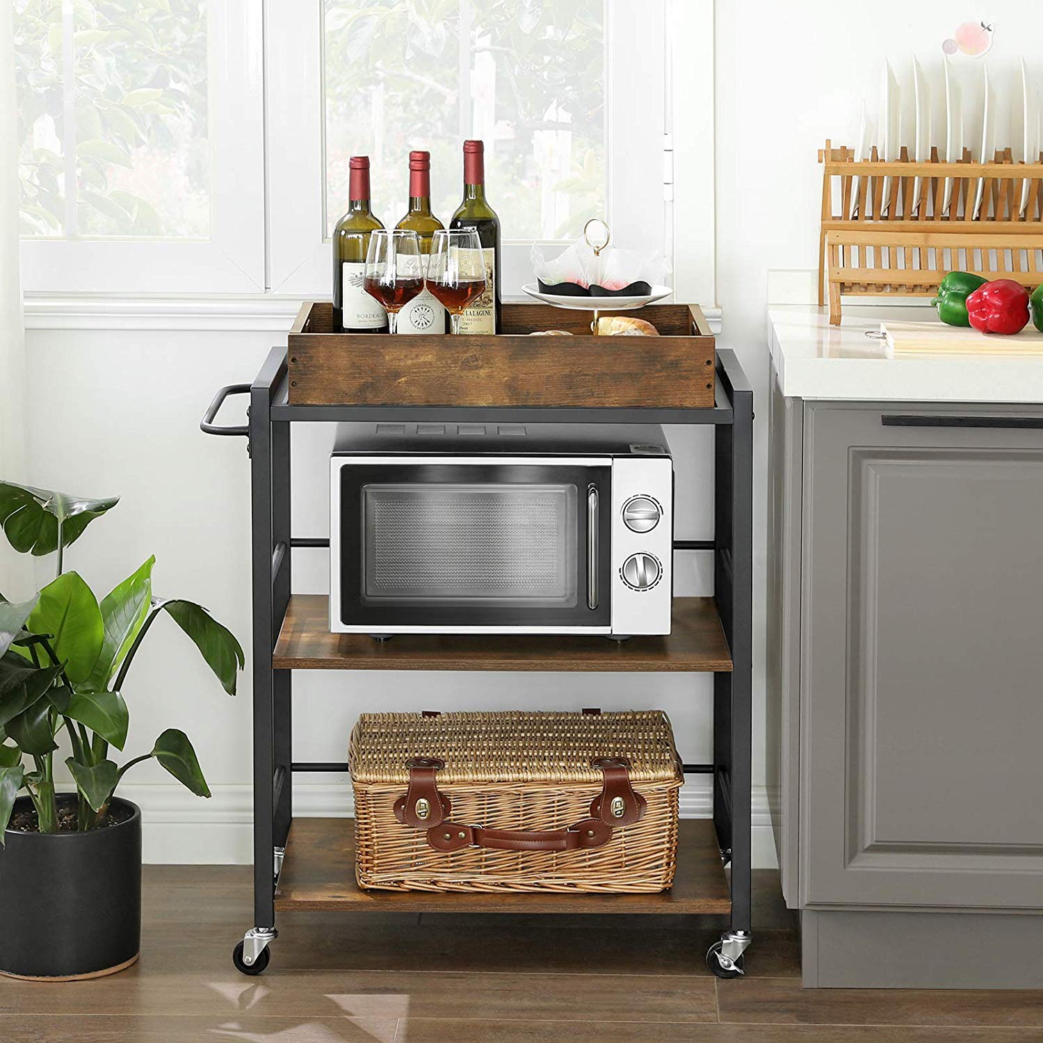 Industrial Bar Cart with Wheels and Handle - Rustic Brown, Black