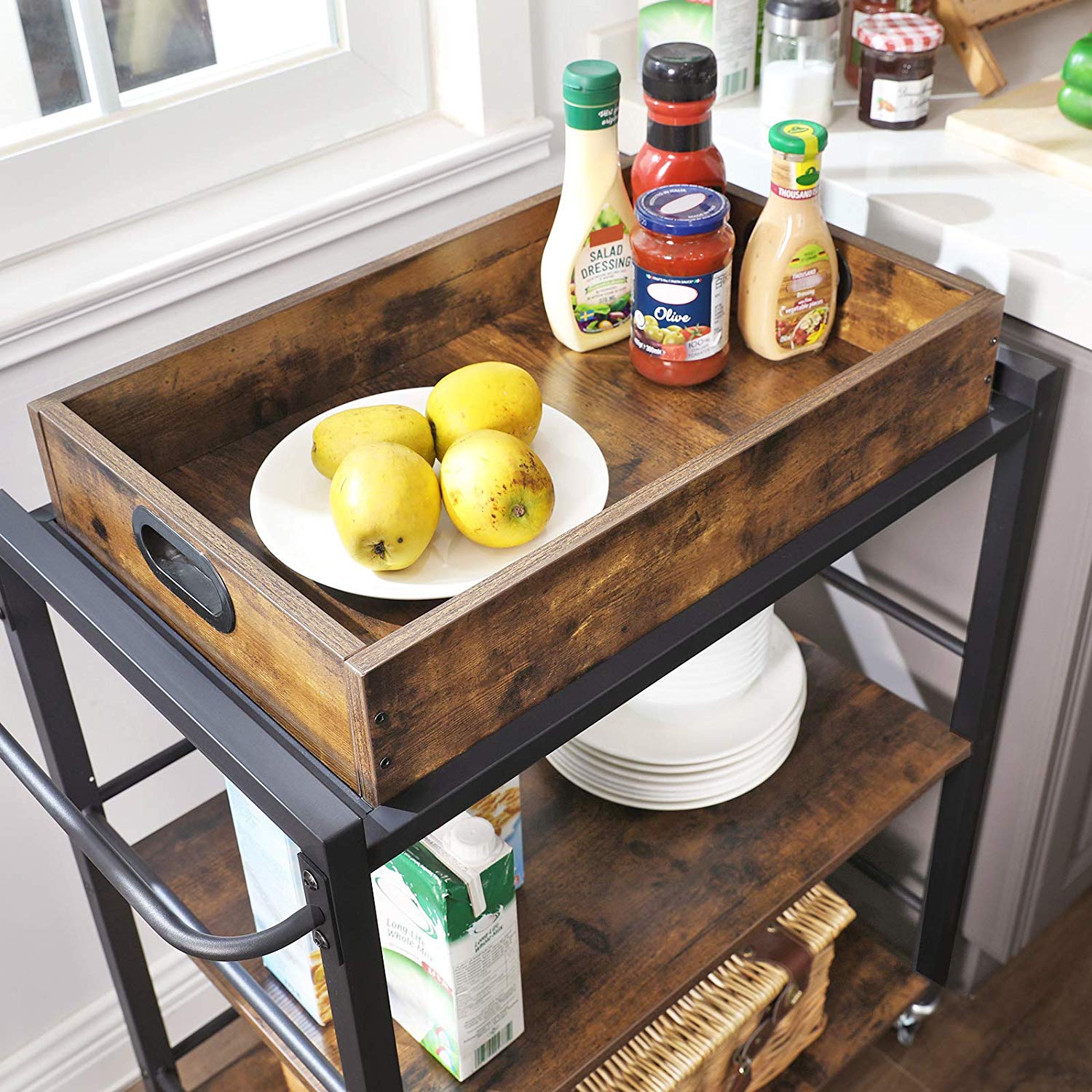 Industrial Bar Cart with Wheels and Handle - Rustic Brown, Black