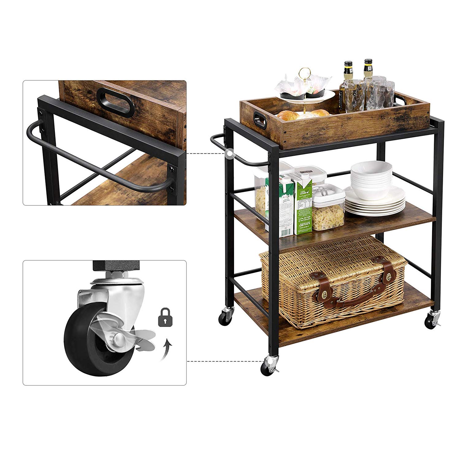 Industrial Bar Cart with Wheels and Handle - Rustic Brown, Black