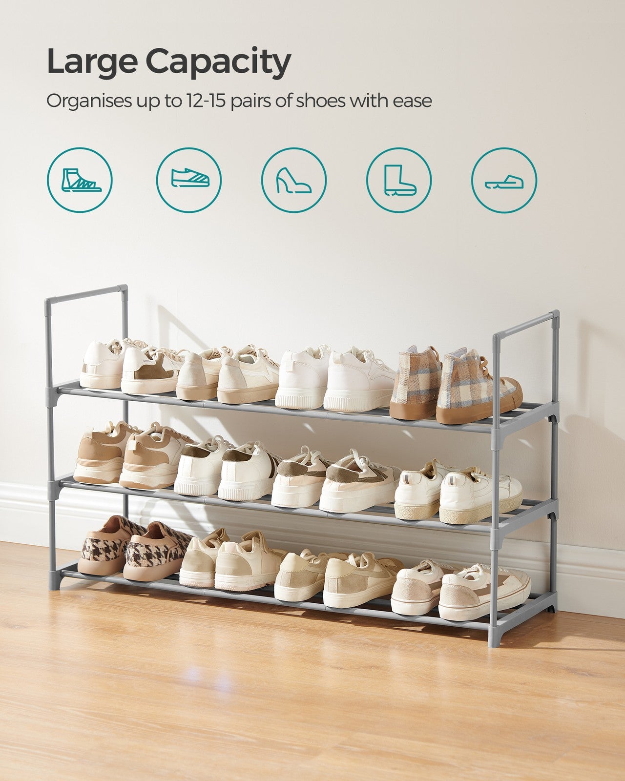 Shoe Rack - 3-Tier Shoe Organizer - Metal Storage Shelf