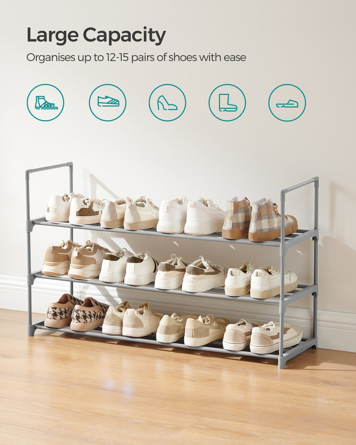 Shoe Rack - 3-Tier Shoe Organizer - Metal Storage Shelf