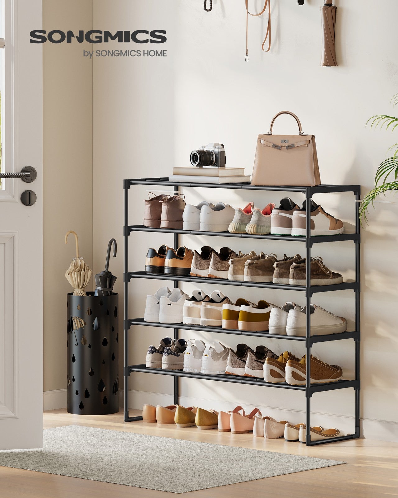 Shoe Rack - 5-Tier Shoe Organizer - Metal Storage Shelf - Black