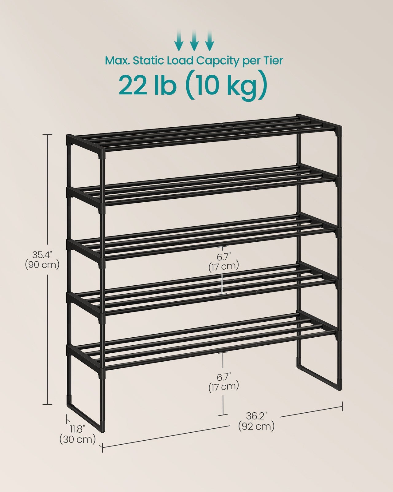 Shoe Rack - 5-Tier Shoe Organizer - Metal Storage Shelf - Black