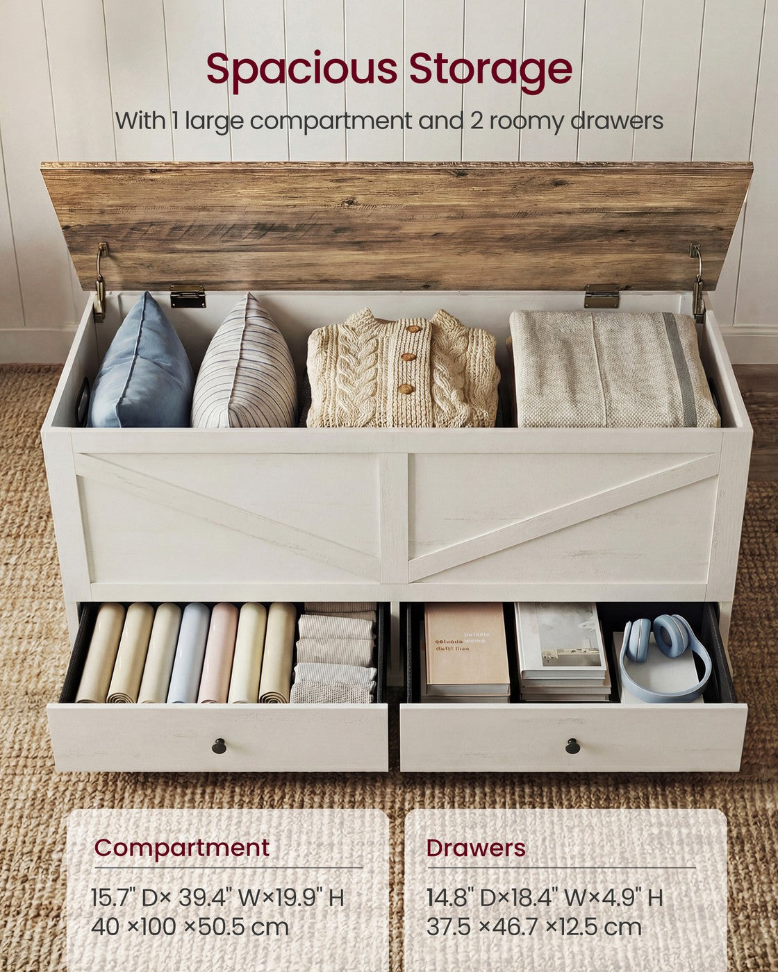 Farmhouse Storage Bench - 39 inch - 3 Fabric Drawers - for Entryway or Bedroom