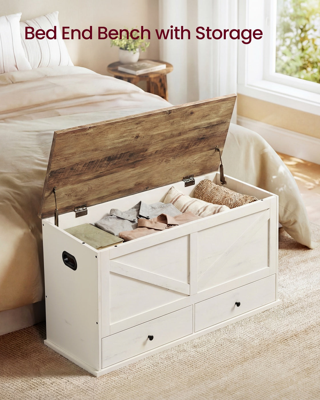 Farmhouse Storage Bench - 39 inch - 3 Fabric Drawers - for Entryway or Bedroom