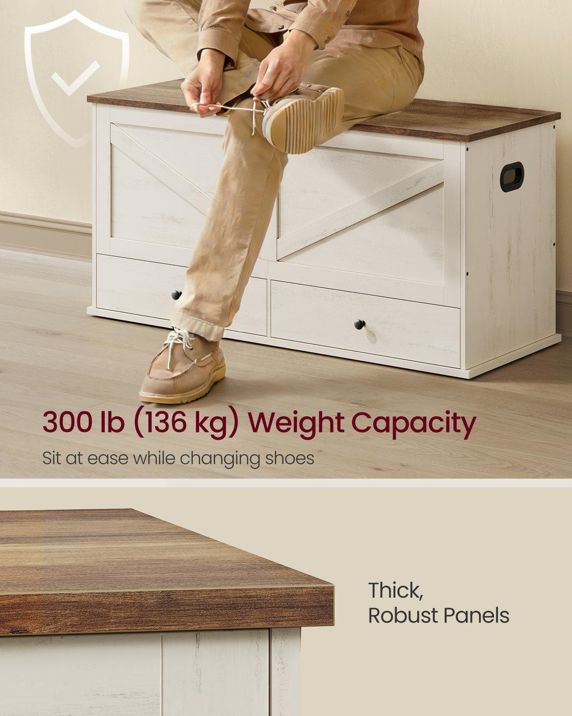 Farmhouse Storage Bench - 39 inch - 3 Fabric Drawers - for Entryway or Bedroom