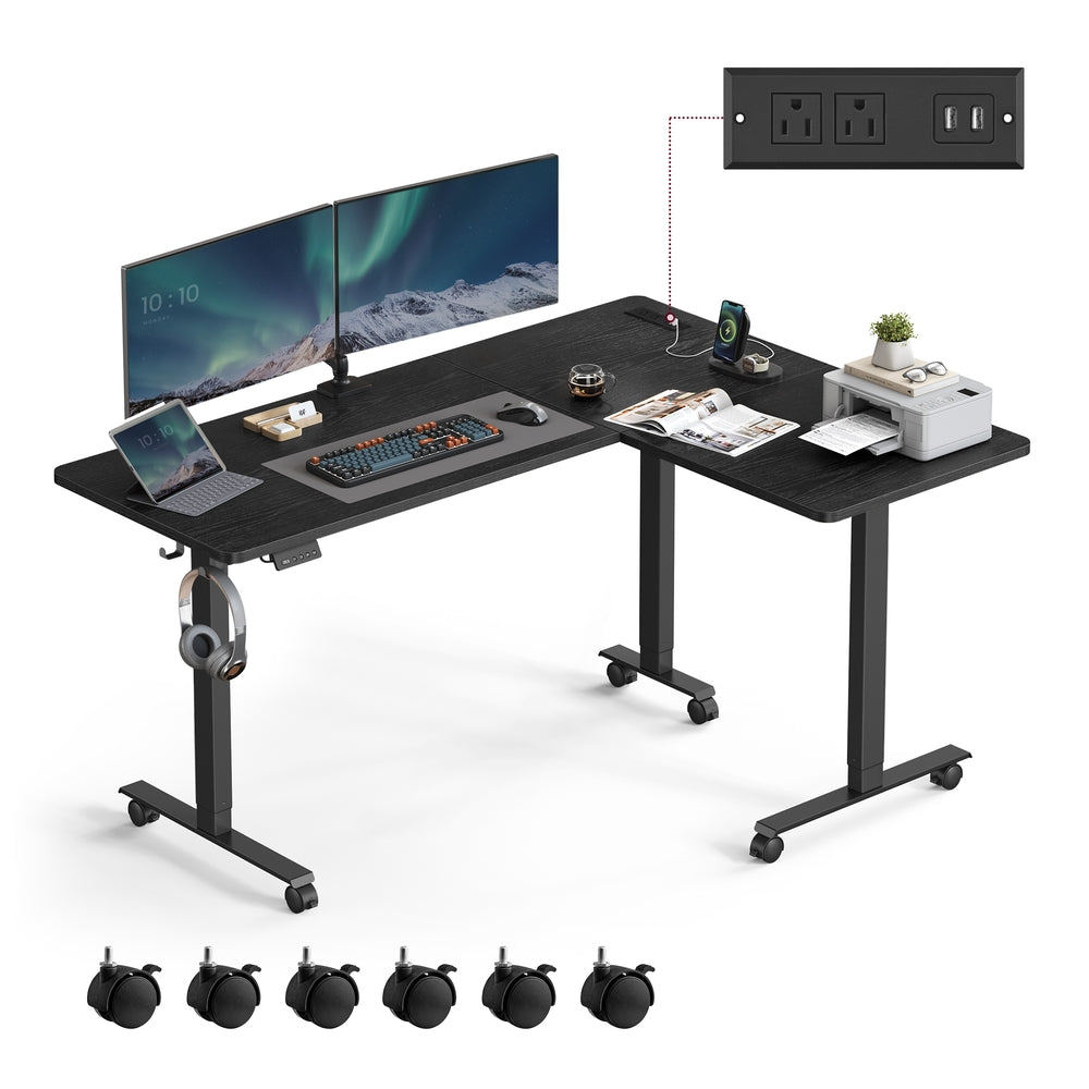 L-Shaped Electric Standing Desk with Power Outlets - Ink Black