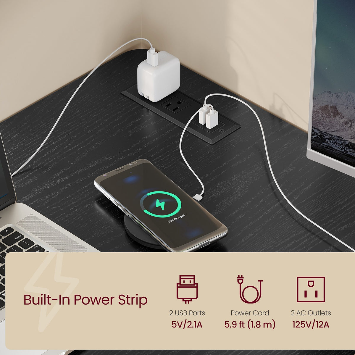L-Shaped Electric Standing Desk with Power Outlets - Ink Black