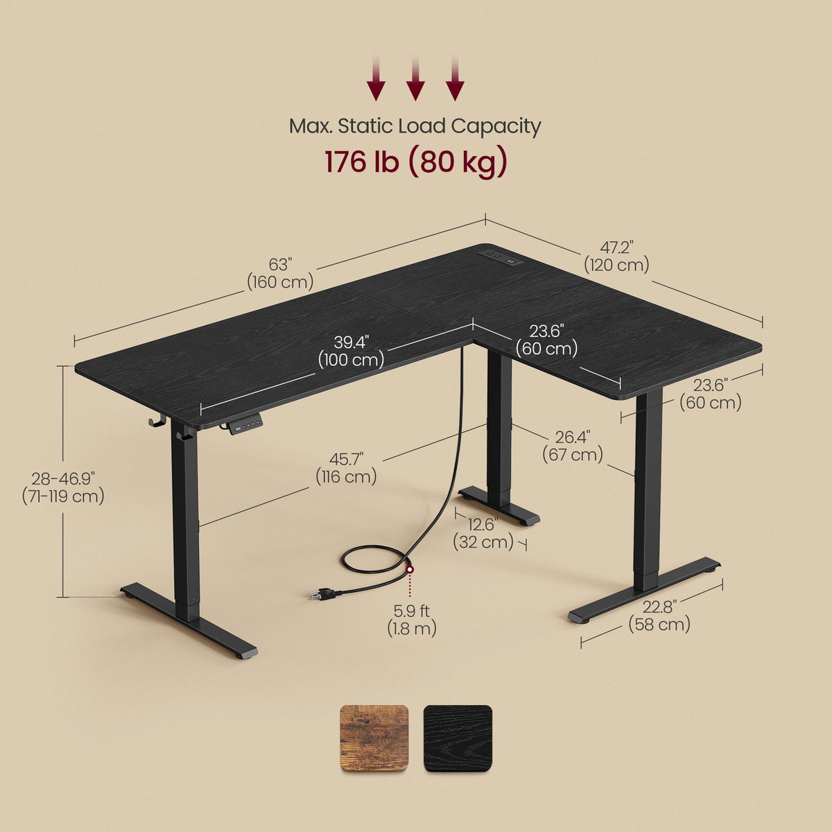 L-Shaped Electric Standing Desk with Power Outlets - Ink Black