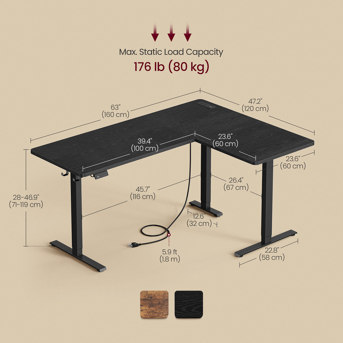 L-Shaped Electric Standing Desk with Power Outlets - Ink Black